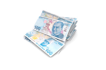 Turkish Liras Banknotes Falling and Flying Around on White