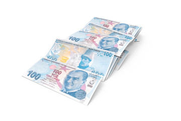 Turkish Liras Banknotes Falling and Flying Around on White