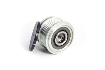 Freewheel alternator pulley on isolated white background with cap. Auto electrical parts.