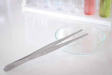 Close up of stainless tweezer on clear glass tray