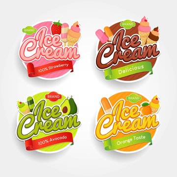 Set of Logos, labels and badges of ice cream with different taste delicious.   Vector illustration for your design, packaging and advertising