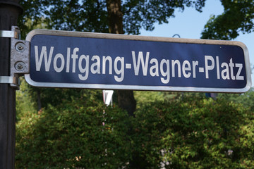 Wolfgang-Wagner-Platz street name sign in Bayreuth, Germany, a medium-sized city in northern Bavaria, world-famous for its annual Festival