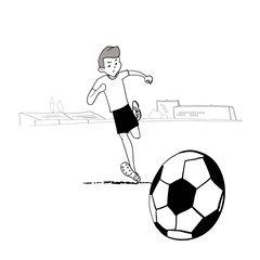 Cartoon football player, funny cartoon character boy, linear black-white drawing, football club, football field, vector illustration