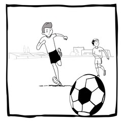 Playing football in the yard, cartoon football players, funny cartoon characters of football players boys, linear black-white drawing, football club, football field, vector illustration
