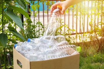 Hand hold and put plastic bottles in to brown recycle garbage box