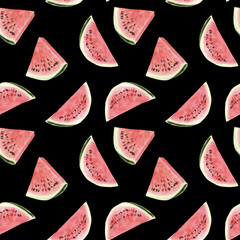  seamless hand drawn beautiful watercolor tropical pattern with watermelon slices on black background