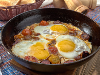 Breakfast. Fried eggs with mushrooms,tomatoes and sausage.