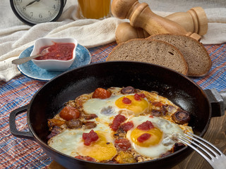 Breakfast. Fried eggs with mushrooms,tomatoes and sausage.
