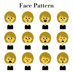 ショートヘアの女性のシンプルでかわいい顔の表情12パターンのイラストセット