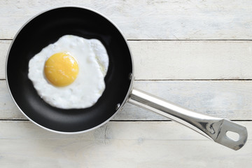 Fried egg in a frying pan against a white wooden background. Empty copy space for Editor's text.