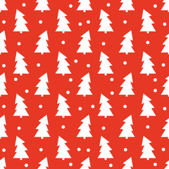 White Christmas trees and snow on red background