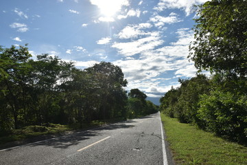 carretera cielo nubes verde bosque via camino panorama paisaje arboles 