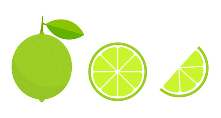 Green lime citrus fruit and slice icons.