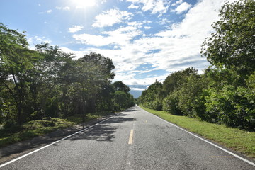 carretera via bosque cielo sol nubes paisaje demarcación verde sombras recta 