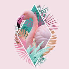 tropical leaves flamingo design in light pink, turquoise and golden colors, can be used as background, wallpaper