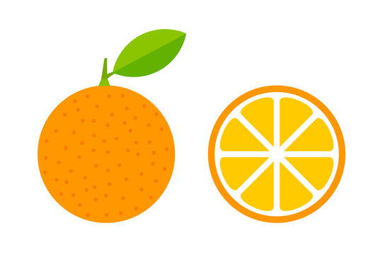Orange fruit with leaf and slice icons.
