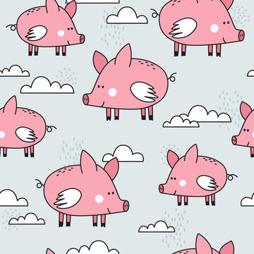 Happy pigs with wings, hand drawn backdrop. Colorful seamless pattern with animals, clouds. Decorative cute wallpaper, good for printing. Overlapping background vector. Design illustration