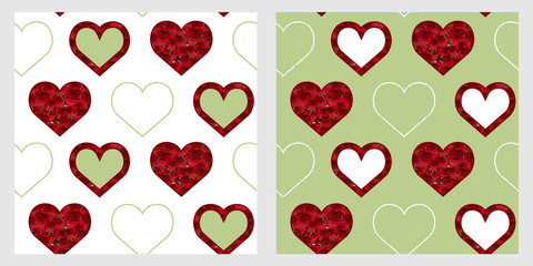 set of seamless romantic patterns with heart-shaped element