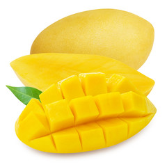 Yellow mango with leaves and slice isolated on white background with clipping mask