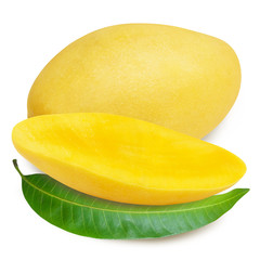Yellow mango with leaves and slice isolated on white background with clipping mask