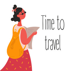 Time to travel. Tourist hipster girl with map. Young european looking woman in sunglasses with backpack , bag holds paper map and ready for euro trip. Flat vector illustration