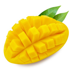 Yellow mango with leaves and slice isolated on white background with clipping mask
