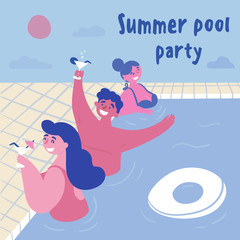 Summer pool cocktail party. Women and man with alcohol in the swimming pool with inflatable circle. Young girls in bikini, swimsuit, one guy are drinking in the water.  Three friends.  Flat cartoon