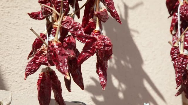 Peperoncini piccanti calabresi appesi al muro.