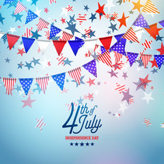 Fototapeta premium 4th of July Independence Day of the USA Vector Illustration. Fourth of July American national Celebration Design with Flag and Stars on Blue and White Confetti Background for Banner, Greeting Card