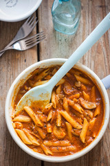 Pasta bolognese with minced beef, tomato sauce on pan