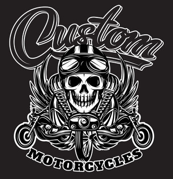 Vector monochrome image with skulls, motorcycles, wings, engine and Calligraphic inscription