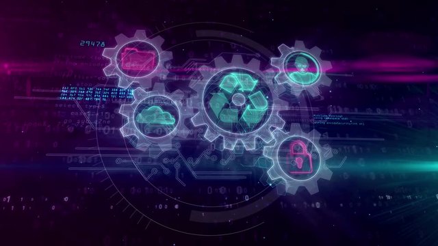 Data managment hologram intro on dynamic futuristic background. Modern and futuristic concept of files storage, cyber security, computing cloud and digital access. Seamless loopable 3d animation.