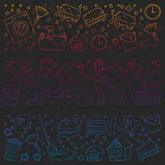 cleaning services company vector monochrome pattern on black background, drawing gradient.