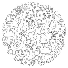 Vector logo, design and badge in trendy drawing style - zero waste concept, recycle and reuse, reduce - ecological lifestyle and sustainable developments icons on monochrome style.