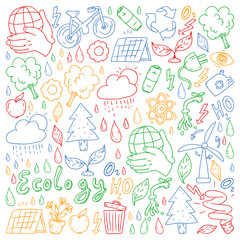 Vector logo, design and badge in trendy drawing style - zero waste concept, recycle and reuse, reduce - ecological lifestyle and sustainable developments icons.