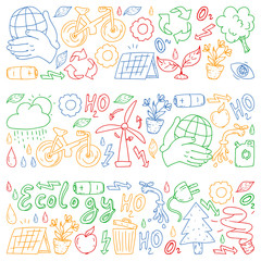 Vector logo, design and badge in trendy drawing style - zero waste concept, recycle and reuse, reduce - ecological lifestyle and sustainable developments icons.