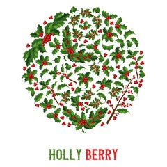 Holly berries pattern vector Christmas decoration on Xmas winter holiday backdrop illustration of traditional decorative red berry green leaf plant on December background