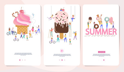 Summer Time Website Landing Page, Web Page, Mobile App Page. Tiny people spend summer time, ride a bike, walk on the background of a huge ice cream and donuts. Editable vector illustration