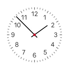 Realistic illustration of a clock face with black numbers and a clock and a red center. Isolated on white background, vector