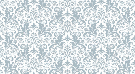 Floral pattern. Vintage wallpaper in the Baroque style. Seamless vector background. White and blue ornament for fabric, wallpaper, packaging. Ornate Damask flower ornament