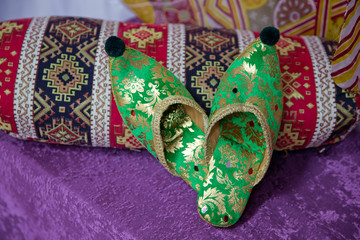 Traditional Arabic green shoes . Arabian oriental green shoes in the Aladdin style . on red beech. pink background . Arabian Embroidered Leather green Shoes .