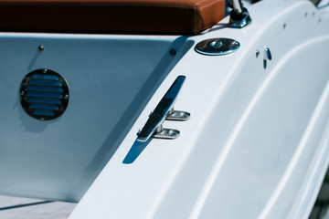 Mooring cleat at the stern of a large white yacht