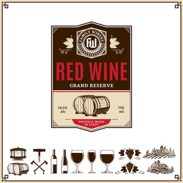 Red wine vintage label and icons