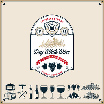 White wine vintage label and icons
