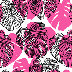 Seamless pattern with leaves of tropical plants. Juicy, fresh background. Summer pattern.