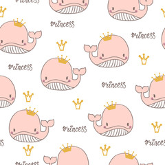 Seamless princess whale pattern. Baby print with cute pink whales.