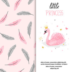Birthday card design for little girl. Vector illustration of cute princess swan. © Afanasia