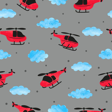 Seamless childish pattern with watercolor helicopters and clouds.