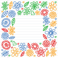 Vector set of child drawing flowers icons in doodle style. Painted, colorful, pictures on a piece of linear paper on white background.
