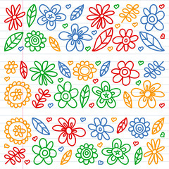 Vector set of child drawing flowers icons in doodle style. Painted, colorful, pictures on a piece of linear paper on white background.
